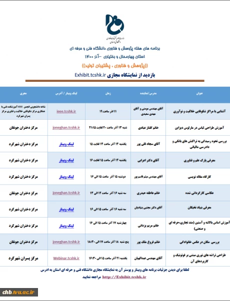 برنامه هفته پژوهش آذر 1400 دانشگاه فنی و حرفه ای استان